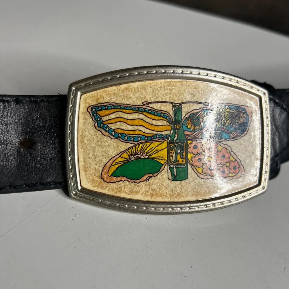 Vintage 7Up Soda Butterfly Bottle Belt Black Leather Retro 70s Advertising 35in